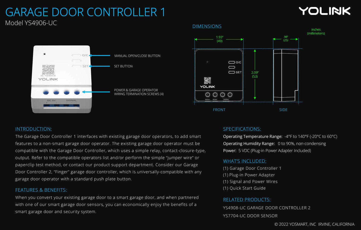 Garage Door Controller 1, YoLink Hub Required