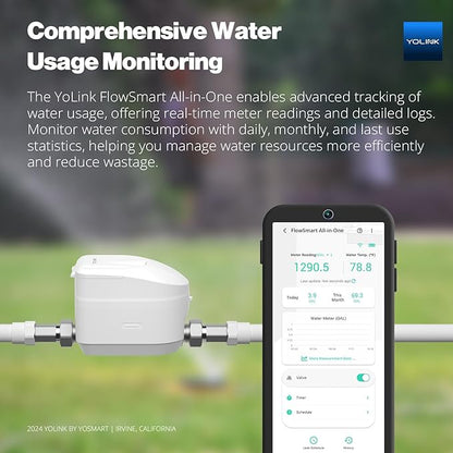 YoLink FlowSmart All-in-One Smart Water Management System, Ultrasonic Water Meter with Automated Valve Control, Real-Time Leak Detection, App-Enabled, 10-Year Battery Life