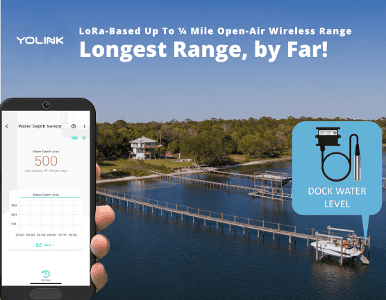 Hand holding phone with app displaying water depth level information with text 'LoRa-Based up to 1/4 mile open-air wireless range, longest range, by far.' 